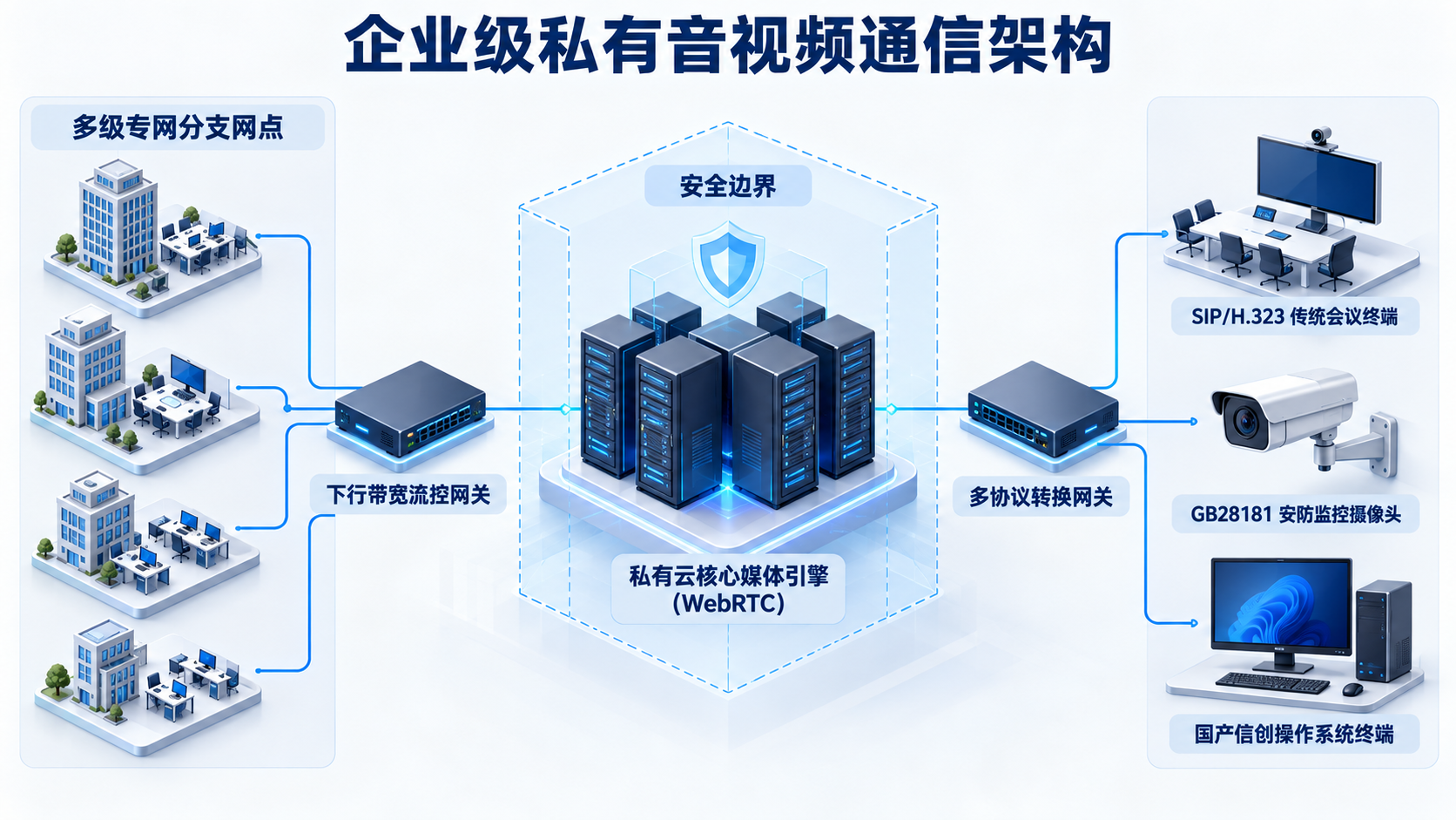 政企私有化音视频通信与多协议融合架构图